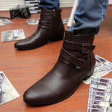 Leather Chelsea Boots Men White Dress Boots Men Casual High top Buckle Strap Formal Shoes Men Motorcycle Boots