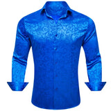 Luxury Blue Shirts Men's Solid Satin Embroidered Paisley Flower Long Sleeve Slim Fit Blouses Casual Lapel Tops Barry Wang MartLion   