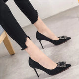 Women Mid Heeled Sandals Black Square Buckle Pointed Thin Heeled Baotou Banquet High Heeled Shoes MartLion   