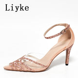 Liyke Green Glitter Sequined Ankle Strap Women Pumps PVC Pointed Toe Wedding High Heels Summer Party Prom Shoes Mart Lion Apricot 35 