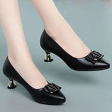 women cute sweet black leather square heel shoes for office classic pointed toe office party pumps MartLion ec 35 