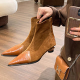 Retro Women Pointed Toe Low Heels Ankle Boots Patchwork Leather Shallow Stretch Kitten Heels Ladies Autumn Winter Short MartLion Brown 39 