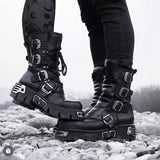 Men's Genuine Leather Motorcycle Boots Gothic Skull Punk Boots Unisex Mid-calf Cowboy Boots Metallic Combat MartLion 607Day buckle 35 