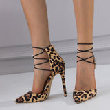 Liyke Leopard Print Pointed Toe Stiletto High Heels Sandals Female Elastic Ankle Strap Women Pumps Party Zip Shoes Mart Lion   