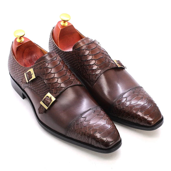 Men's Dress Shoes Genuine Leather Double Buckle Monk Strap Snake Print Cap Toe Classic MartLion   