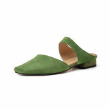 Summer Women Shoes Sheepskin Shoes for Simple Bow Slippers Low Heels Square Toe Mules Handmade MartLion GREEN 40 