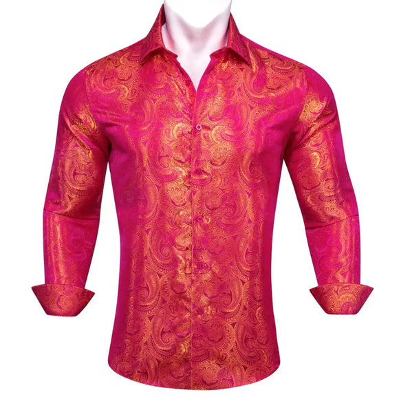 Luxury Shirts Men's Rose Red Gold Paisley Silk Long Sleeve Slim Fit Blouses Turn Down Collar Casual Tops Barry Wang MartLion 0852 3XL 