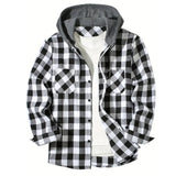 Men's Shirts Classic Plaid Casual Button Down Hooded Long Sleeved Double Pockets Shirt Hoodie Flannel Jacket MartLion GRAY M 