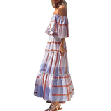 Spring Summer Ladies Elegant Dress Slash Neck Stripe Print Butterfly Sleeve Big Swing A-line Women Stretch Maxi Dresses MartLion   