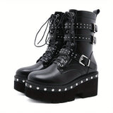 Women's Black Side Zipper Platform Boots Round Toe Lace Up Buckle Shoes MartLion black 39 