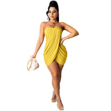 Solid Color Strapless Irregular Mini Dress Women Club Party Night Above Knee Wrap Slit Dresses MartLion Yellow M 