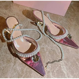 Clear Plexiglass Women Sandals Crystal Pearls Ankle Strap High heels Gladiator Spring Summer Party Prom Shoes MartLion   