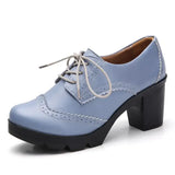 Women Pumps Shoes T High Heels Brogue High Square Heel Genuine Leather Wedge Richelieu MartLion