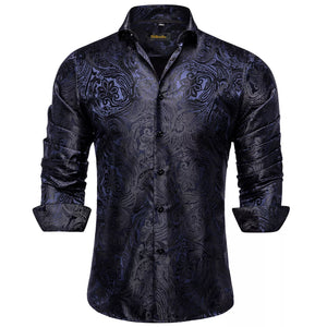 Luxury Blue Black Paisley Silk Shirts Men's Long Sleeve Wedding Party Prom Tuxedo Dress Casual Designer Clothing MartLion   