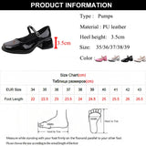 Red Med Heels Mary Jane Shoes for Women Square Toe Ankle Buckle Pumps Woman Pu Leather Thick Heeled Party MartLion   