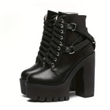 Women Goth Platform Chunky High Heeled Boots Lace Up Side Zipper Non Slip Ankle Boots Punk Motorcycle Short MartLion   