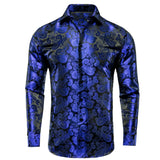 Hi-Tie Navy Royal Sky Blue Silk Men's Shirts Lapel Collar Long Sleeve Dress Shirt Jacquard Blouse Wedding MartLion PCY-1607 S 
