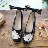 Satin Fabric Embroidered Women Ankle Strap Ballet Flats Vegan Elegant Ladies Walking Shoes Black White Gray MartLion   