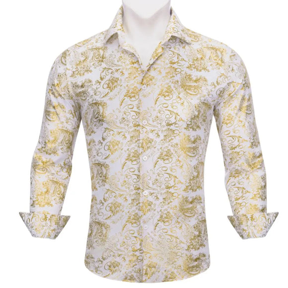 Luxury Designer Men's Shirts Long Sleeve Silk Gold White Embroidered Flower Slim Fit Tops Regular Casual Bloues Barry Wang MartLion 0587 S 