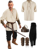 4 Pcs Halloween Men's Renaissance Set Medieval Pirate Shirt Ankle Banded Pants Viking Belt Accessories MartLion Beige black XL 