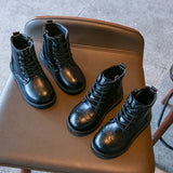 Kids Casual Boots PU Leather Black Zipper for Boys Girls Cross-tied Children Ankle High Boots Anti-skid Round Toes Soft MartLion