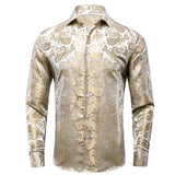 Hi-Tie Jacquard Silk Men's Shirts Lapel Long Sleeve Wedding Shirt Cowboy Blue Gold Green Red White Black MartLion CY-1614 S 