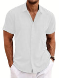 men's short-sleeved shirt summer solid color lapel hidden buckle casual beach fashion high street top MartLion white. XXL 