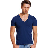 Solid V Neck T Shirt Men's Low Cut Stretch Vee Top Tees Slim Fit Short Sleeve Invisible Undershirt Summer MartLion Blue XL 