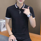 summer casual polo shirt men's short sleeve turn down collar slim fit sold color polo Mart Lion BLACK 1 M 50-60 KG China