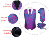 4PC Men's Silk Vest Party Wedding Purple Paisley Solid Floral Waistcoat Vest Pocket Square Tie Slim Suit Set Barry Wang Mart Lion   