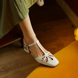 Women Sandals Casual Office Hollow Split Leather  Square Low Heels Shoes Woman Summer MartLion   