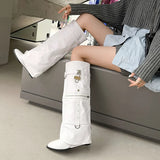 Denim Workwear Pocket Trouser Legs Show Large Knee Length Boots Women's Shark Lock Sleeve Skirt MartLion L489-white 36 