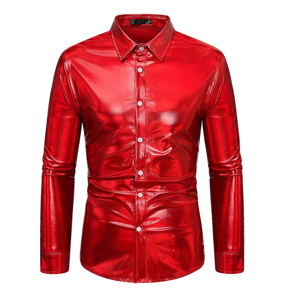 Men's Shirt Top Attractive Autumn Button Down Disco Gold Silver Pink Lapel Long Sleeve Party Shiny MartLion Red S CHINA