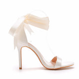 Fish Mouth High Heel Strap Sandals Beautiful Ribbon Silk Fabric High Heel Women's Shoes Banquet Wedding Dress MartLion   