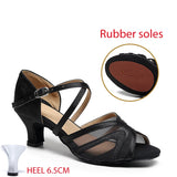 Black Mesh Latin Dance Shoes Hollow Breathable Indoor Dance Training High-heeled Sandals Tango Jazz Party Ballroom Performance MartLion Rubber soles 6.5cm 43 