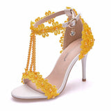 Crystal Queen Women Sandals Flowers Pearl Stilettos Bridal 9cm Evening Party High Heels Bridal Pumps Wedding Shoes MartLion yellow 38 