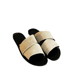 Korean version of the minority canvas open toe lazy slippers summer wear a word broadband casual flat MartLion   