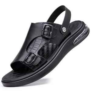 Genuine Leather Shoes Men's Sandals Flat Non-slip Summer Holiday Beach Cow Leather Footwear Black MartLion   