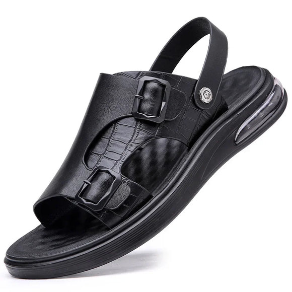 Genuine Leather Shoes Men's Sandals Flat Non-slip Summer Holiday Beach Cow Leather Footwear Black MartLion   