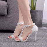 Crystal Queen Women Sandals Flowers Pearl Stilettos Bridal 9cm Evening Party High Heels Bridal Pumps Wedding Shoes MartLion   