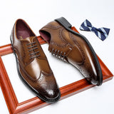 Classic British Style Pointed Toe Leather Shoes Men's Oxfords Formal Leather Brogue Flats Wedding Mart Lion   