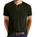Summer Henley Collar T-Shirts Men's Short Sleeve Casual Tops Tee Solid Cotton Mart Lion army green S 60-70kg 