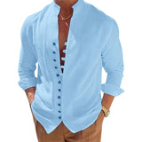 Men's Casual Shirts Linen Tops Loose and Comfortable Long Sleeve Beach Hawaiian Shirts MartLion blue1 S 