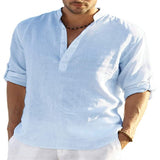 Men's V-neck t shirt Blouse Cotton Linen Shirt Loose Tops Long Sleeve Shirt Spring Autumn Casual Handsome Mart Lion Light blue S China