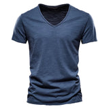 Cotton Men's T-shirt V-neck Design Slim Fit Soild Tops Tees Short Sleeve MartLion F037-V-Navy Size XL 72-80kg 