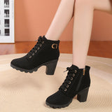 Black Chunky Heeled Women's Ankle Boots Autumn Metal High Heels Shoes Woman Lace Up Platform MartLion   