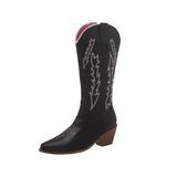 Women Boots Low Heel Shoes Cool British Embroidered Design Soft Short Party Knee High Pink Cowboy Mart Lion   