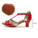 Adult Latin Dance Shoes Sandals Women's Soft Sole Ballroom Indoor Dancing Shoes Medium High Heel 5.5cm Summer MartLion Red gold heel 5.5cm 43 
