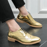  Classic Gold Glitter Leather Brogue Shoes Men's Round Toe Luxury Dress Wedding Party MartLion - Mart Lion