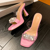 Liyke Cozy Silky Wide Band Square Open Toe Platform Slippers Summer Pink Women's Shoes Sandal Crystal Rhinestone Heels Slides Mart Lion   